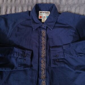 Wrangler Wester Blue Embroidered Long Sleeve Shirt Vtg 80s Cowgirl Chore Caped